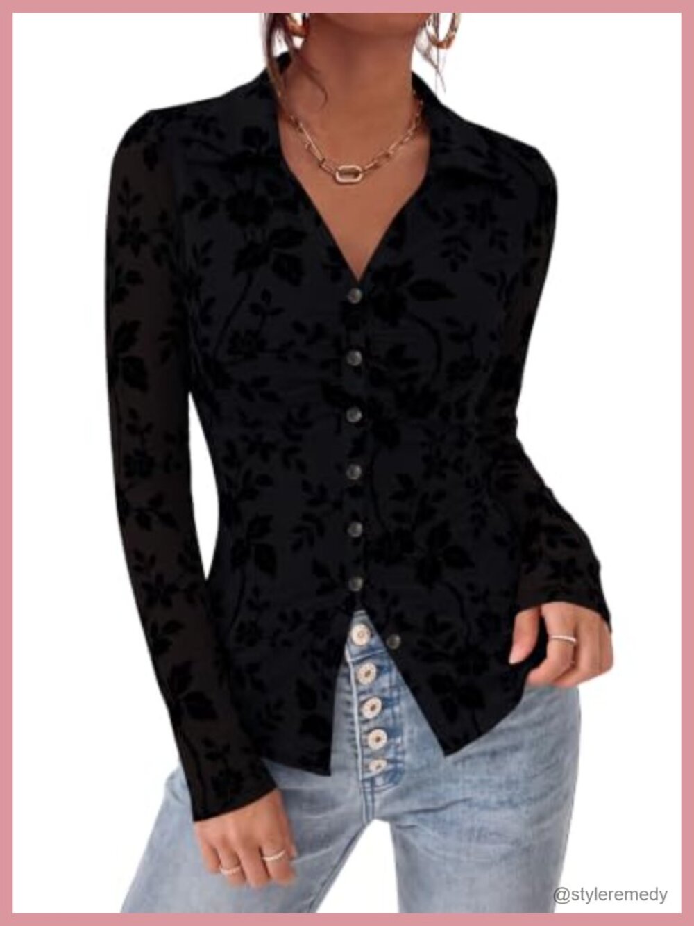 Long Sleeve Floral Mesh Button Down Blouse